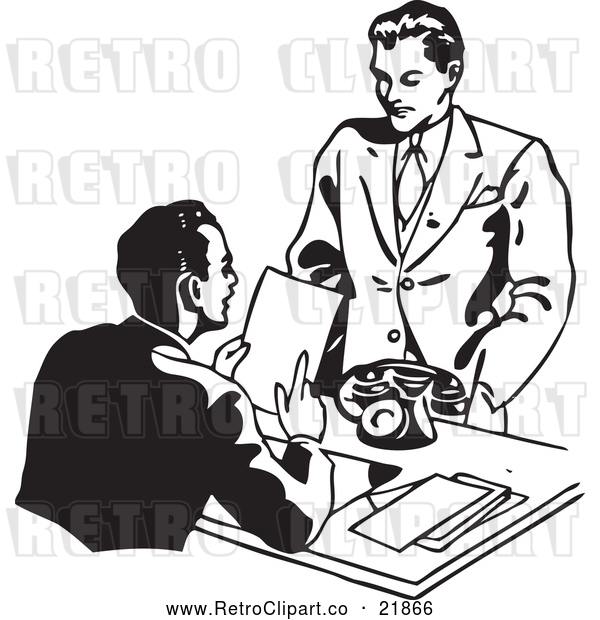 Vector Clip Art of Retro Businessman Discussing a Resume with an Applicant