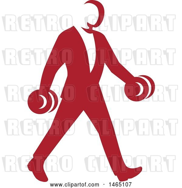 Vector Clip Art of Retro Businessman in a Suit, Power Walking and Carrying Dumbbells, in Style