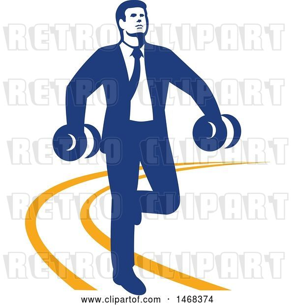 Vector Clip Art of Retro Businessman Power Walking with Dumbbells on an Orange Lined Path