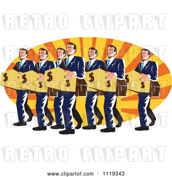 Vector Clip Art of Retro Businsesmen Bankers Carrying Dollar Boxes over Rays