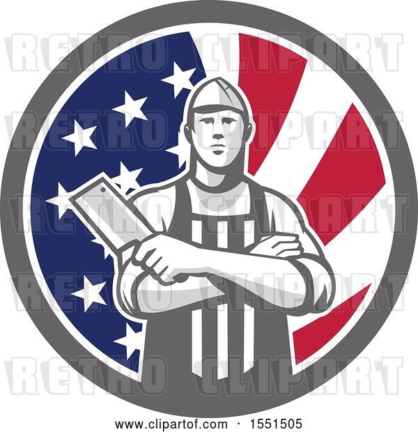 Vector Clip Art of Retro Butcher Holding a Cleaver in Folded Arms Inside an American Flag Circle