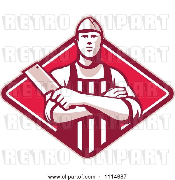 Vector Clip Art of Retro Butcher Holding a Cleaver in Folded Arms over a Red Diamond