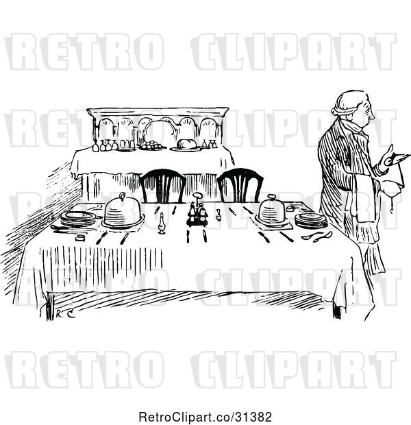 Vector Clip Art of Retro Butler Beside a Table