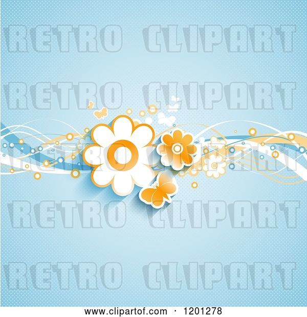 Vector Clip Art of Retro Butterflies and Flowers and Waves over Blue