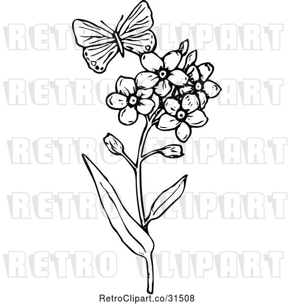 Vector Clip Art of Retro Butterfly and Flowers