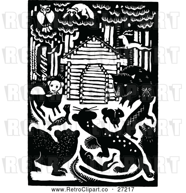 Vector Clip Art of Retro Cabin and Forest Creatures