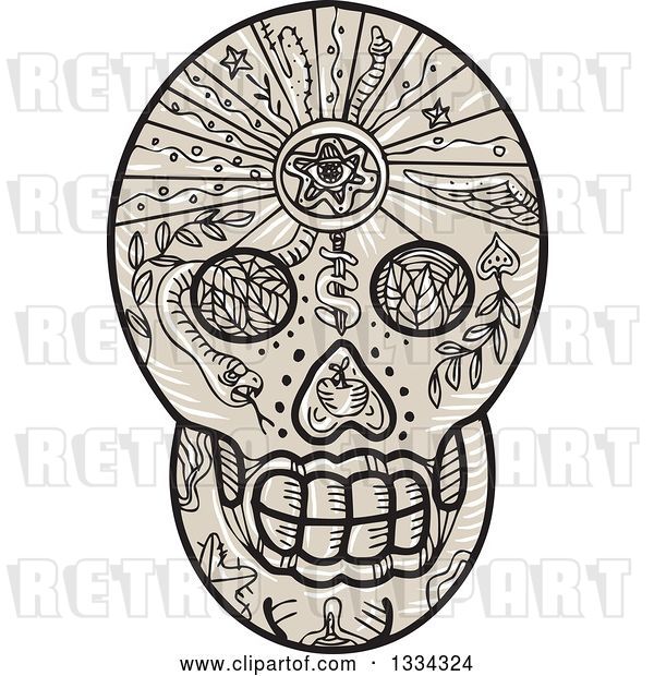 Vector Clip Art of Retro Calavera Sugar Skull Tattoo with Leaves, a Snake and Dagger