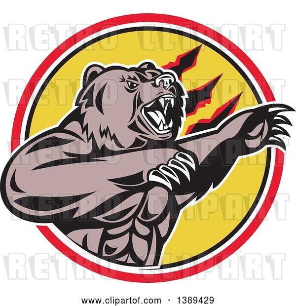 Vector Clip Art of Retro California Grizzly Bear Attacking in a Black White Yellow and Red Circle