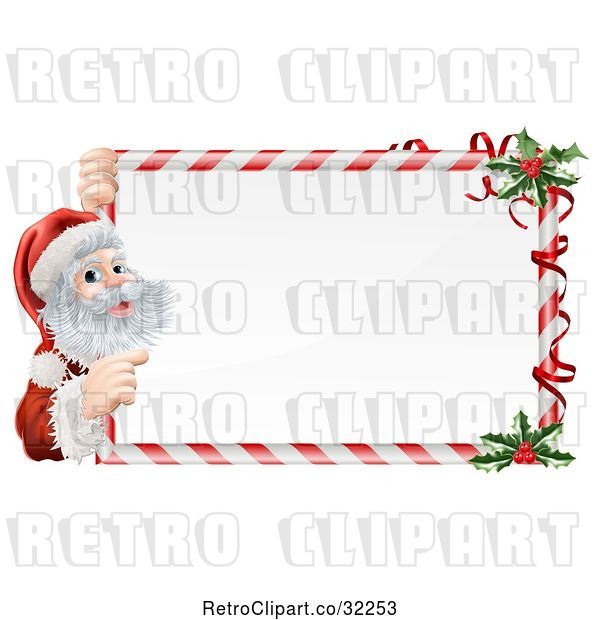 Vector Clip Art of Retro Candy Cane Christmas Sign with Santa and Holly