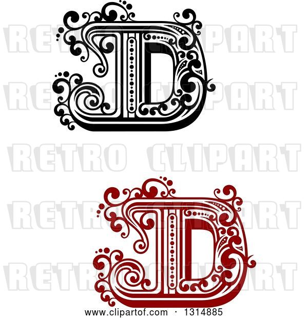 Vector Clip Art of Retro Capital Letter D Designs with Flourishes