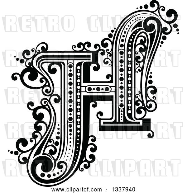 Vector Clip Art of Retro Capital Letter H with Flourishes