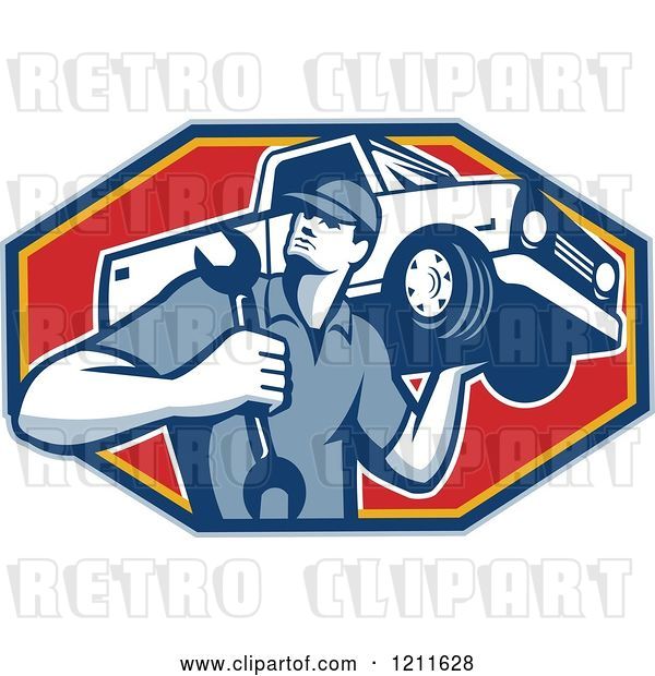 Vector Clip Art of Retro Car Mechanic Holding a Truck on His Shoulder over a Red Octagon