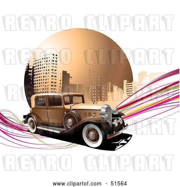 Vector Clip Art of Retro Car on Pink Waves in Front of an Urban Circle