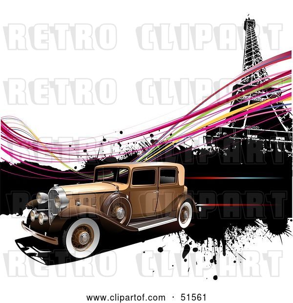 Vector Clip Art of Retro Car Speeding past the Eiffel Tower, with Pink Waves