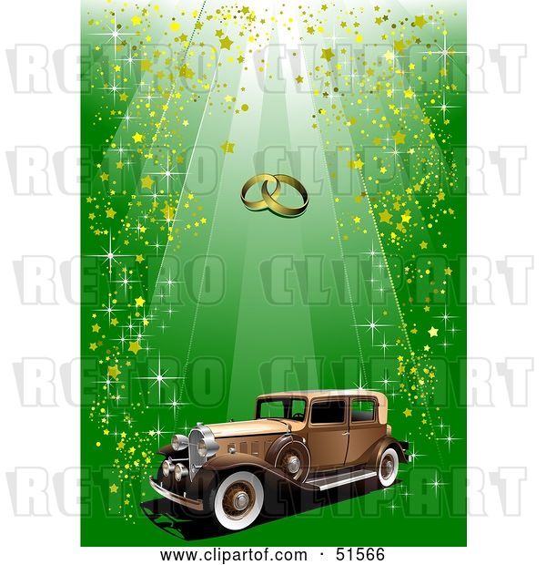 Vector Clip Art of Retro Car with Gold Confetti on Green, Under Wedding Rings