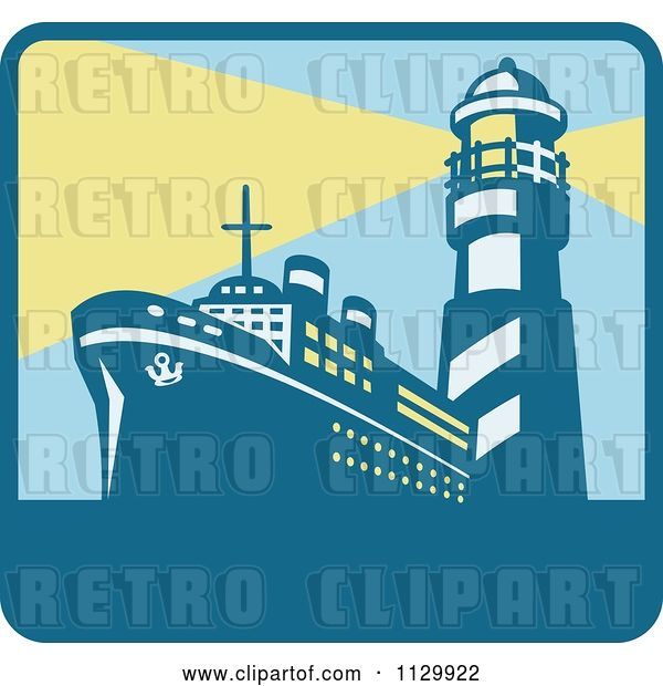 Vector Clip Art of Retro Cargo Ship and with Lighthouse with Beacon Lights Square Icon