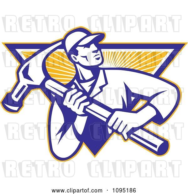 Vector Clip Art of Retro Carpenter Carrying a Large Hammer over a Ray Triangle
