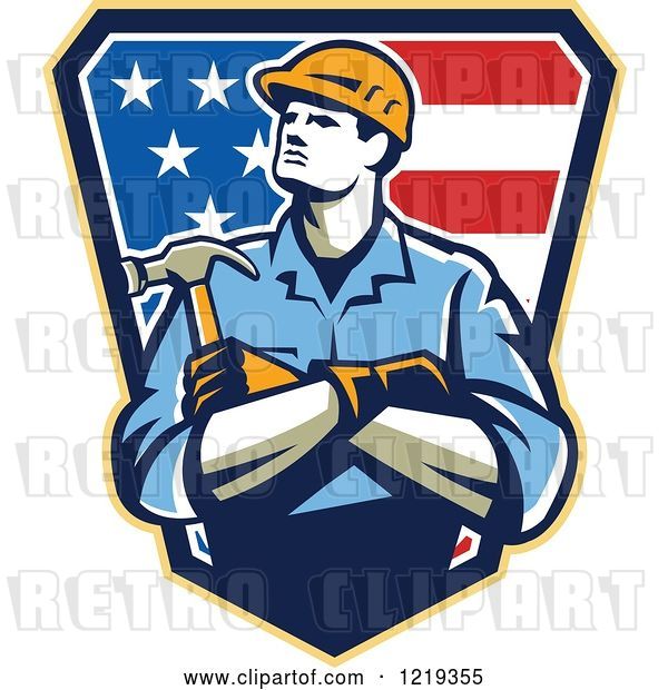Vector Clip Art of Retro Carpenter Worker with Folded Arms over an American Shield