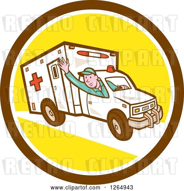 Vector Clip Art of Retro Cartoon Ambulance Driver Waving in a Brown White and Yellow Circle