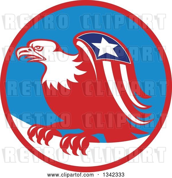 Vector Clip Art of Retro Cartoon American Bald Eagle with a Patriotic Wing in a Red Blue and White Circle