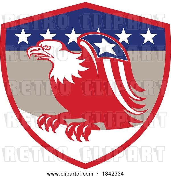 Vector Clip Art of Retro Cartoon American Bald Eagle with a Patriotic Wing in a Red Tan Blue and White Shield