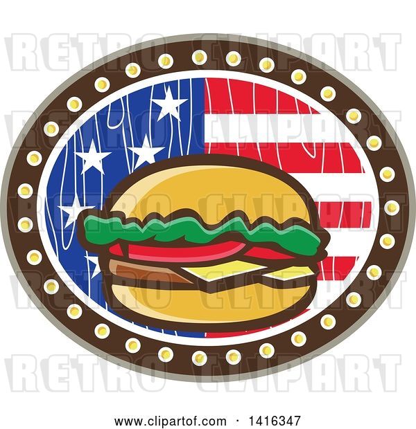 Vector Clip Art of Retro Cartoon American Cheeseburger in a Wood Textured American Flag Oval