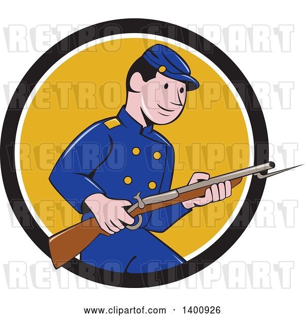 Vector Clip Art of Retro Cartoon American Civil War Union Army Soldier Holding a Rifle with Bayonet, Emerging from a Black White and Yellow Circle