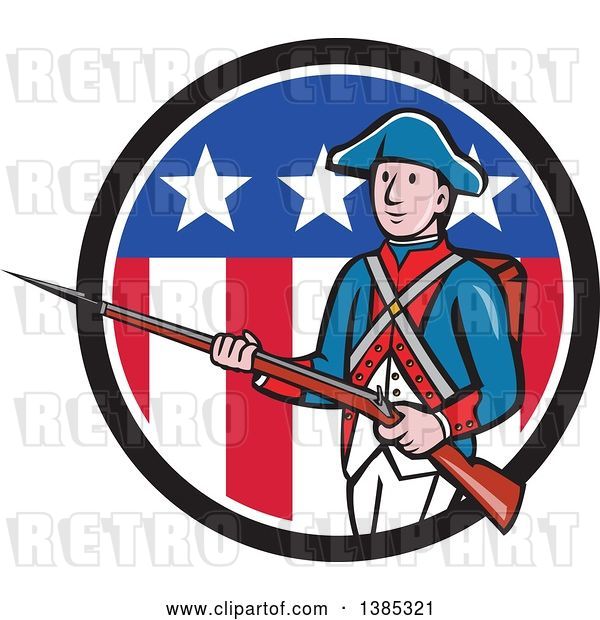 Vector Clip Art of Retro Cartoon American Revolutionary Soldier Marching with a Rifle in a Patriotic Circle