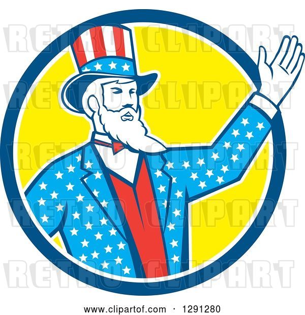 Vector Clip Art of Retro Cartoon American Uncle Sam Waving in a Blue White and Yellow Circle