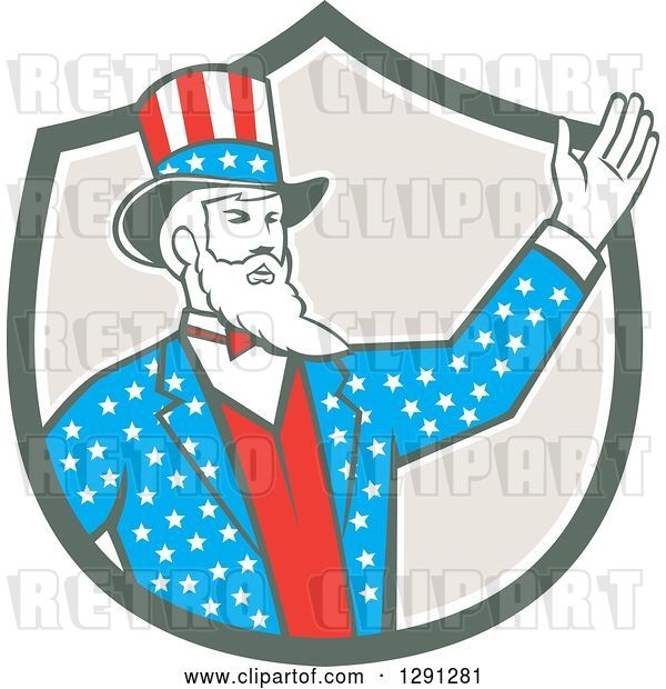 Vector Clip Art of Retro Cartoon American Uncle Sam Waving in a Shield