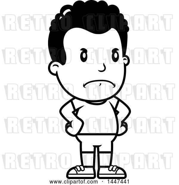 Vector Clip Art of Retro Cartoon Angry Black Boy in Shorts, with Hands on His Hips
