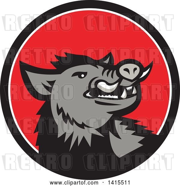 Vector Clip Art of Retro Cartoon Angry Gray Boar in a Black White and Red Circle