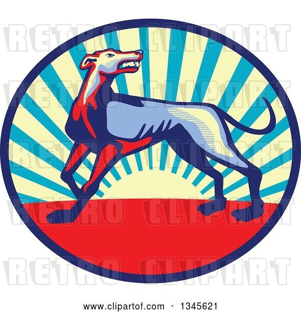 Vector Clip Art of Retro Cartoon Angry Greyhound Dog Growling in a Sunset Oval
