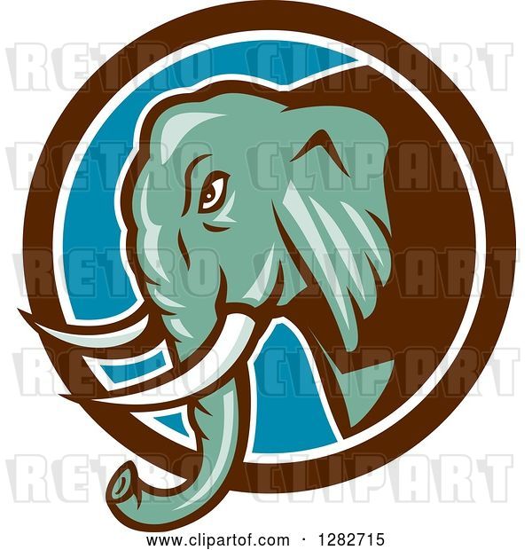 Vector Clip Art of Retro Cartoon Angry Turquoise Elephant in a Brown White and Blue Circle