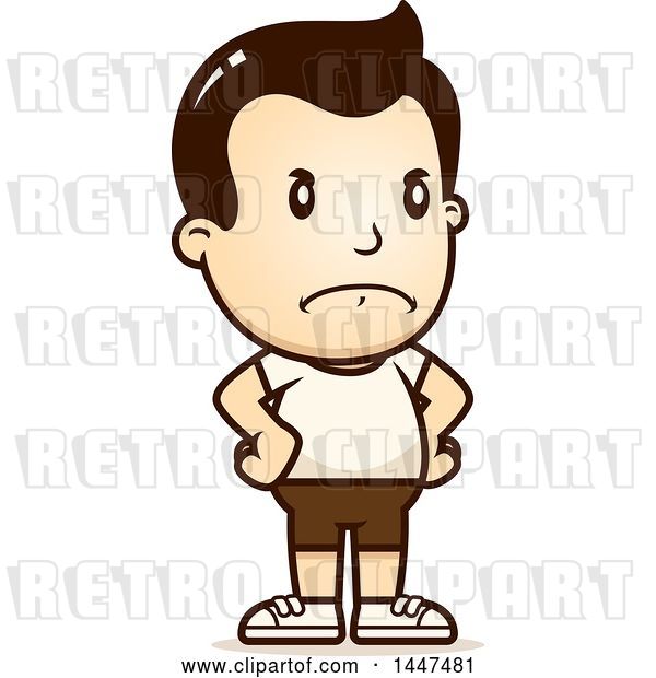 Vector Clip Art of Retro Cartoon Angry White Boy in Shorts, with Hands on His Hips