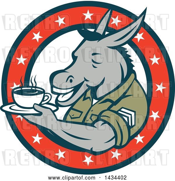 Vector Clip Art of Retro Cartoon Army Sergeant Donkey Holding a Cup of Coffee on a Saucer in a Circle of Stars