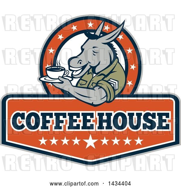Vector Clip Art of Retro Cartoon Army Sergeant Donkey Holding a Cup of Coffee on a Saucer in a Circle of Stars over Text