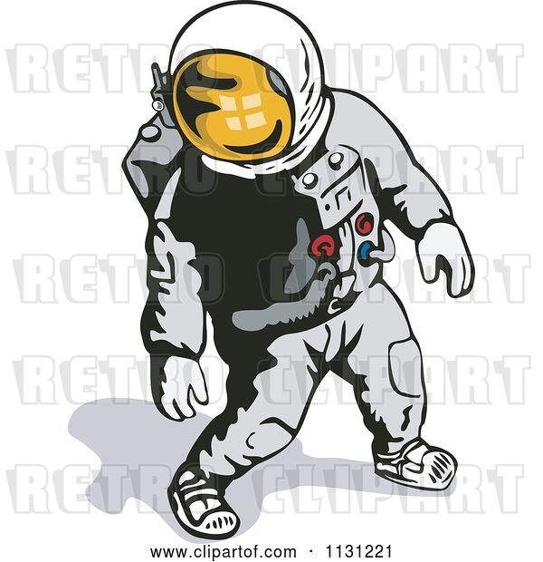 Vector Clip Art of Retro Cartoon Astronaut Walking in a Space Suit