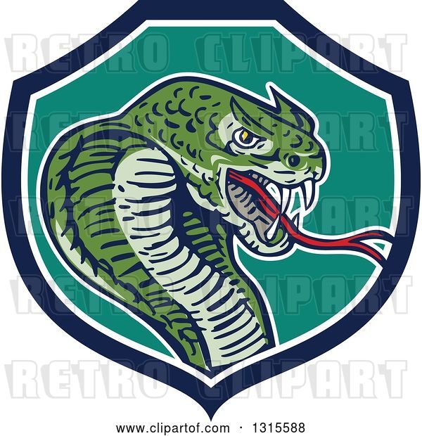 Vector Clip Art of Retro Cartoon Attacking Cobra Snake in a Blue White and Turquoise Shield