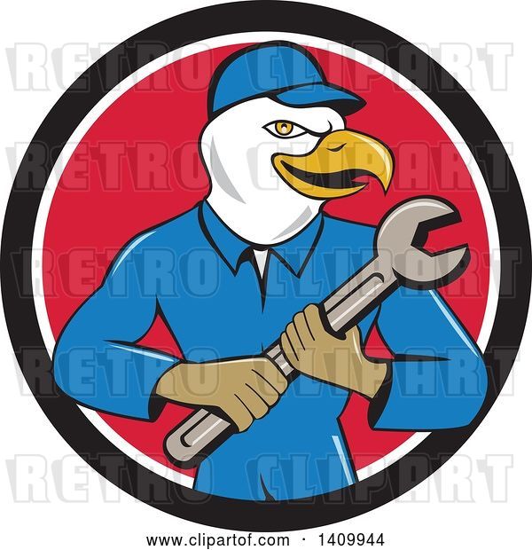 Vector Clip Art of Retro Cartoon Bald Eagle Mechanic Guy Holding a Spanner Wrench in a Black White and Red Circle