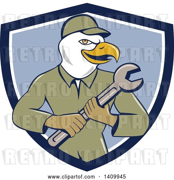 Vector Clip Art of Retro Cartoon Bald Eagle Mechanic Guy Holding a Spanner Wrench in a Blue and White Shield