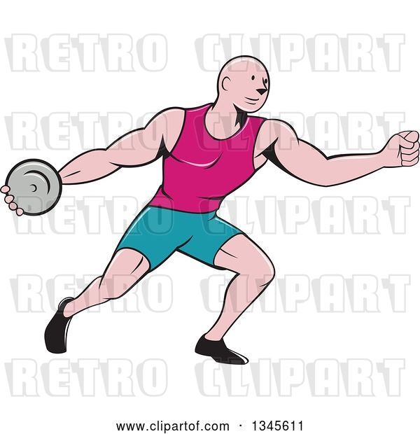 Vector Clip Art of Retro Cartoon Bald Male Athlete Throwing a Discus