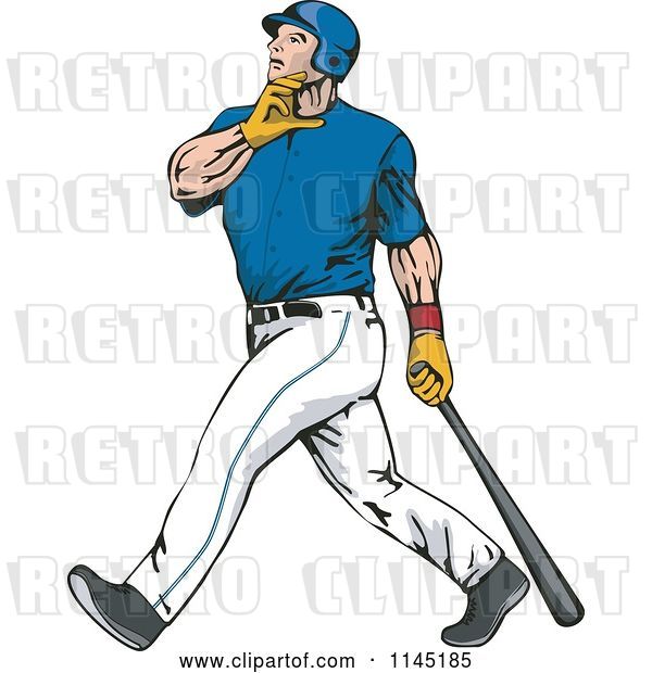 Vector Clip Art of Retro Cartoon Baseball Batter Gazing After Hitting a Home Run