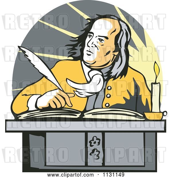 Vector Clip Art of Retro Cartoon Benjamin Franklin Writing at a Desk