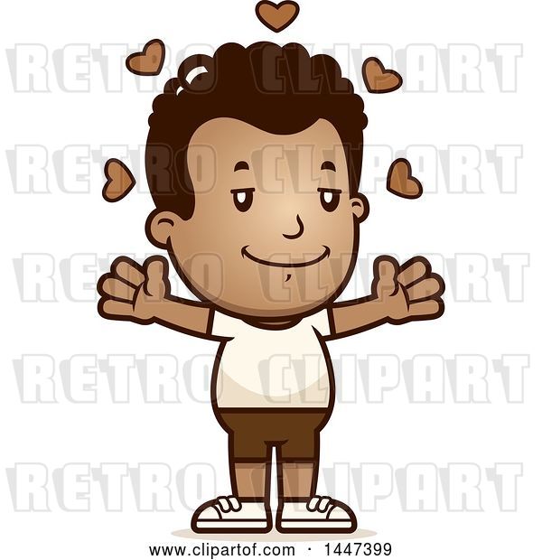 Vector Clip Art of Retro Cartoon Black Boy in Shorts, with Open Arms and Love Hearts