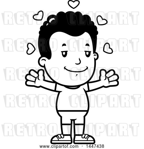 Vector Clip Art of Retro Cartoon Black Boy in Shorts, with Open Arms and Love Hearts