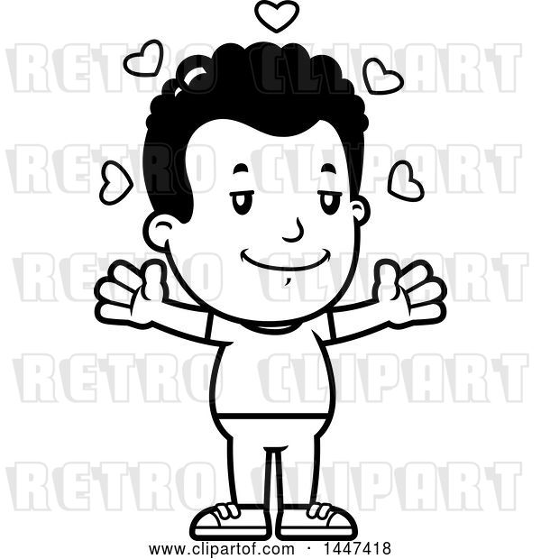 Vector Clip Art of Retro Cartoon Black Boy with Open Arms and Love Hearts