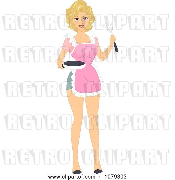 Vector Clip Art of Retro Cartoon Blond Pinup Housewife Cooking Breakfast in a Pink Apron