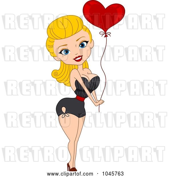 Vector Clip Art of Retro Cartoon Blond Pinup Lady Holding a Heart Balloon