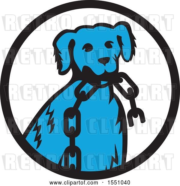 Vector Clip Art of Retro Cartoon Blue Dog Sitting with a Broken Chain in His Mouth Inside a Circle